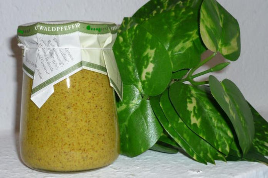 Bio Senf mit grünem Urwaldpfeffer 250ml im versiegelten Tontopf mit Naturkorken
