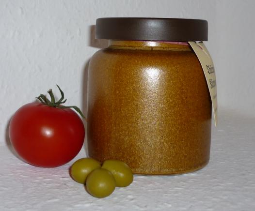 Tomaten - Oliven Senf 270ml Thüringen steingemahlen rustikaler Tontopf