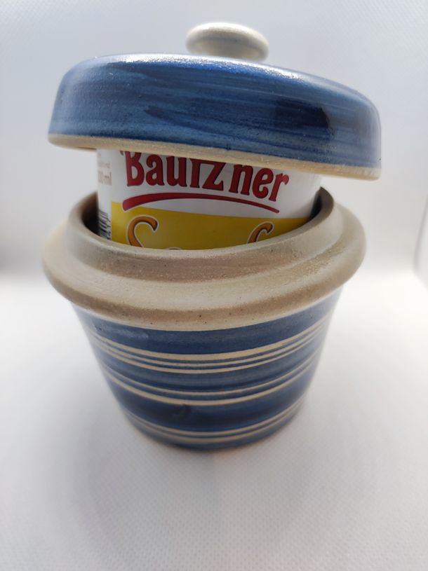 Bautzener Senftopf blau geringelt - incl. Bautzner Becher