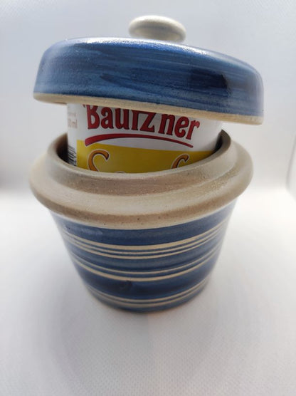 Bautzener Senftopf blau geringelt - incl. Bautzner Becher