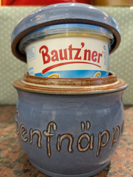 Senftopf grün -Senf - -Bautzener- Keramik glänzend- incl. Bautzner Becher-