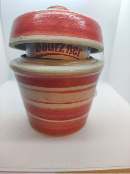 Senftopf -rot geringelt - NEUTRAL - Keramik - incl. Bautzner Becher-Copy