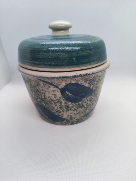 Senftopf - gruene Blätter Keramik - incl. Bautzner Becher