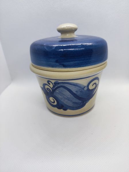 Senftopf - blau geringelt - NEUTRAL - Keramik - incl. Bautzner Becher