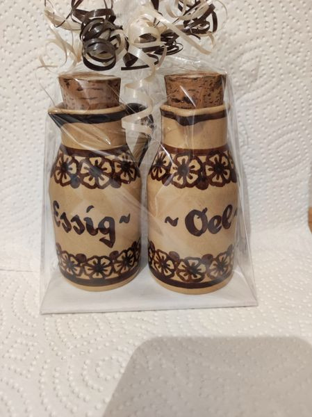 Ton-Henkelflaschen DUO Essig + Öl beige floral mit Naturkorken