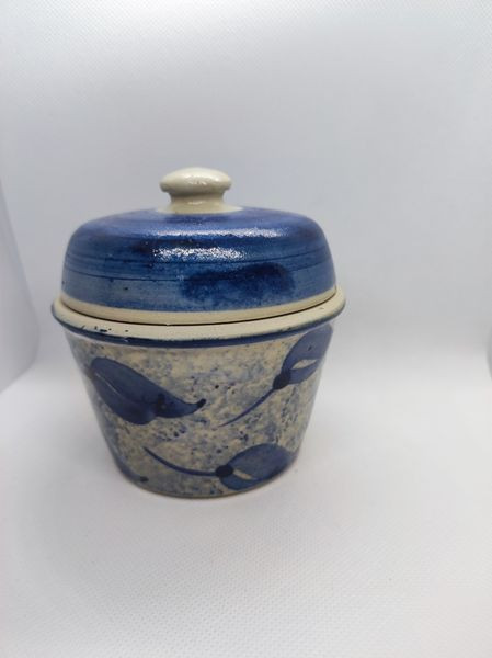 Senftopf - blaue Blätter Keramik - incl. Bautzner Becher