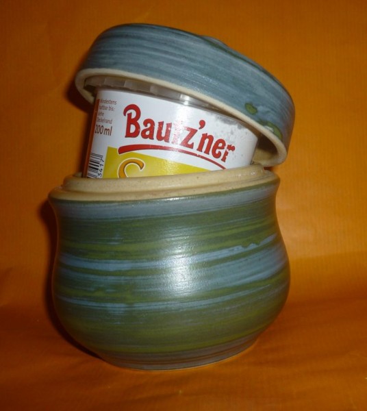 Senftopf - Keramik - grün-blau incl. Bautzner Becher