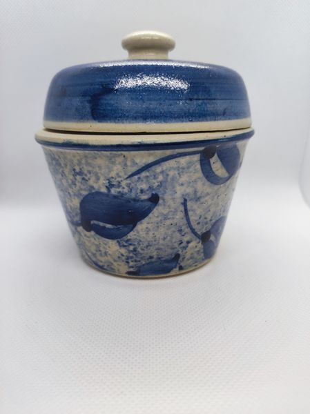 Senftopf - blaue Blätter Keramik - incl. Bautzner Becher