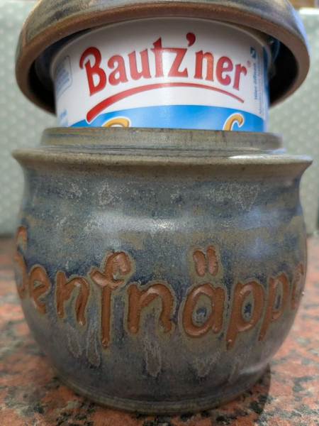 Senftopf grün Senfnäppel -Bautzener- Keramik glänzend- incl. Bautzner Becher