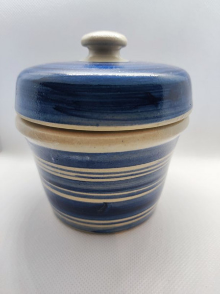 Senftopf - blau geringelt - NEUTRAL - Keramik - incl. Bautzner Becher